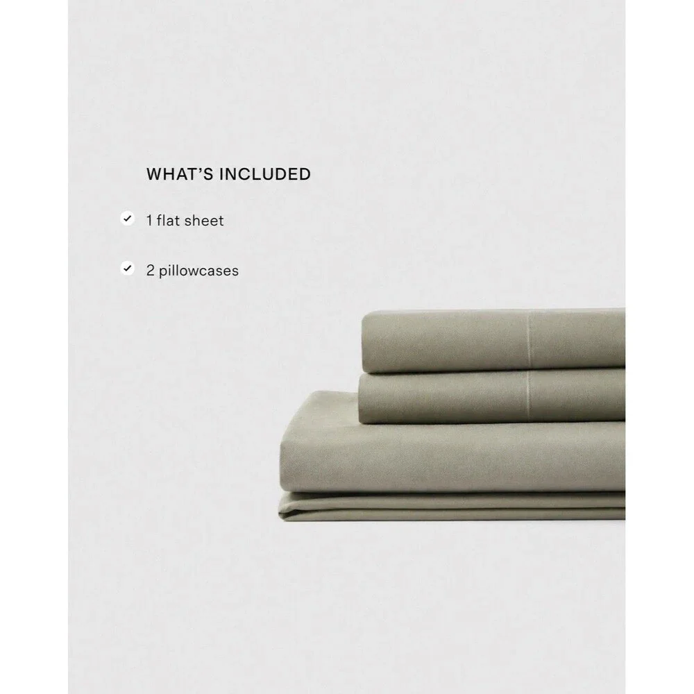 Quince Organic Crisp Percale King 3 Piece Flat Sheet Set Dried Sage Cotton NEW